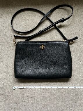 Tory Burch Black Pebbled Leather Mini Crossbody with Gold Logo